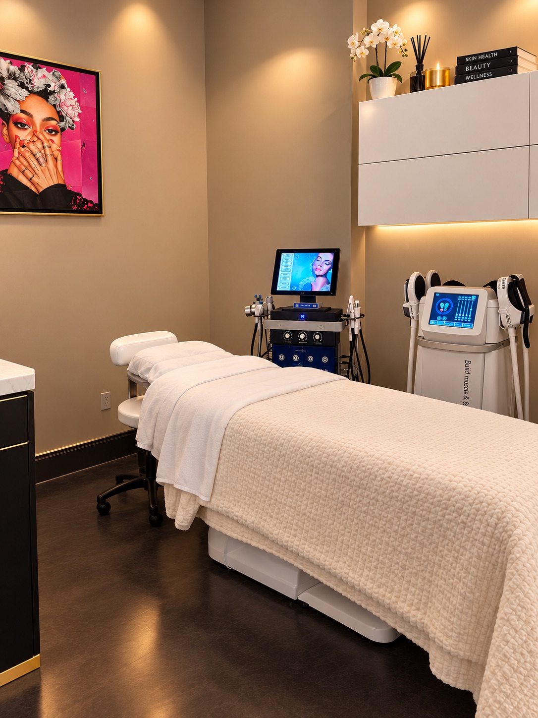 Treatment room with facial and sculpting equipment